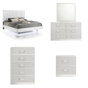 The Europa 5 Piece Bedroom Set in white brings modern elegance and practical functionality to your bedroom. This set includes a panel bed as well as a dresser, mirror, nightstand, and chest. The sleek design features a majestic headboard, glossy white fin