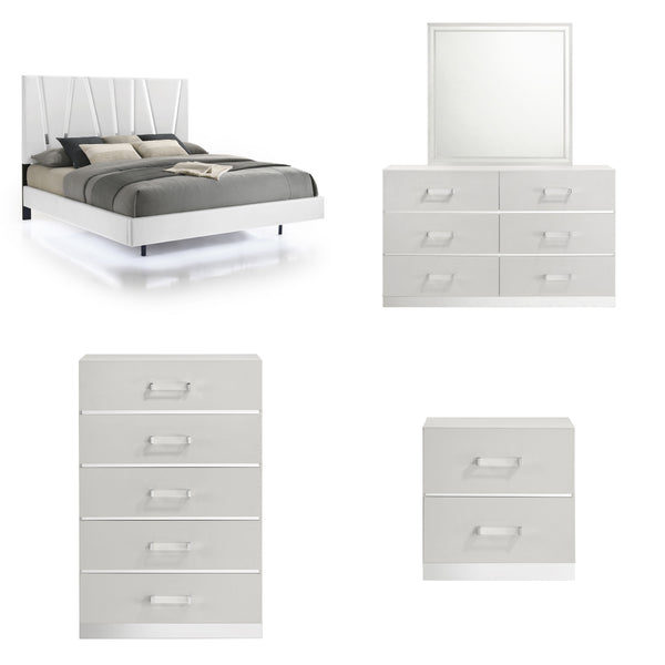 The Europa 5 Piece Bedroom Set in white brings modern elegance and practical functionality to your bedroom. This set includes a panel bed as well as a dresser, mirror, nightstand, and chest. The sleek design features a majestic headboard, glossy white fin