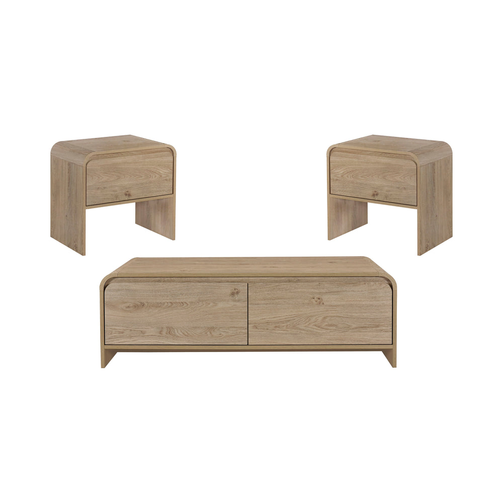 The Mara 3-Piece Occasional Set offers a stylish and functional addition to any living space, featuring one coffee table and two end tables. Crafted from eco-friendly manufactured wood and covered in a durable, decorative laminate, these tables are both s