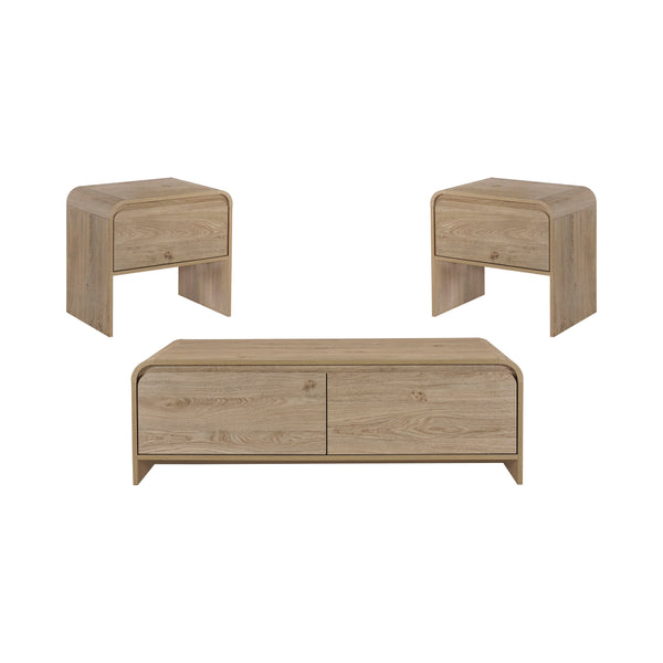 The Mara 3-Piece Occasional Set offers a stylish and functional addition to any living space, featuring one coffee table and two end tables. Crafted from eco-friendly manufactured wood and covered in a durable, decorative laminate, these tables are both s