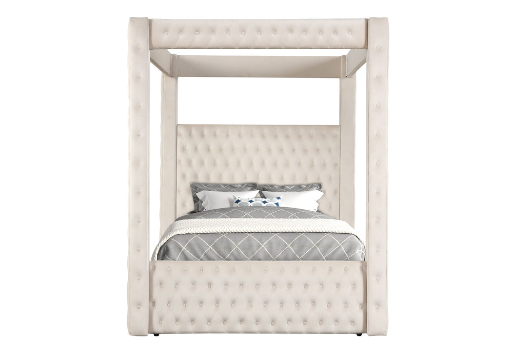 This majestic four-poster bed is a statement piece that exudes luxury and grandeur, perfect for creating a dramatic bedroom setting. It boasts a creamy ivory finish that encapsulates modern opulence, while its sumptuous, tufted headboard and footboard are