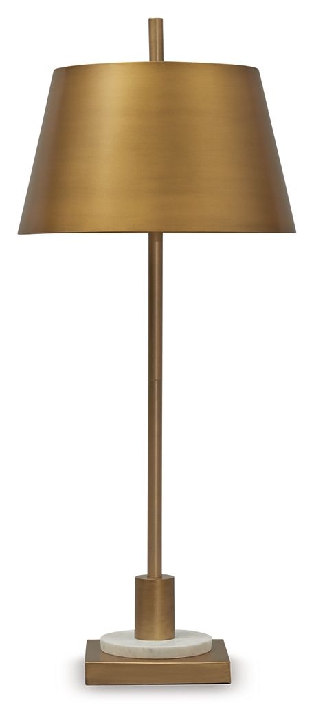Sleek and glamourous, this contemporary table lamp shines the spotlight on modern luxury. Its rich goldtone finish, elongated body and white marble accent are utterly elegant. A luxe addition to an office desk or bedside table, itâ€™s topped with a gleami