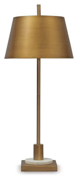 Sleek and glamourous, this contemporary table lamp shines the spotlight on modern luxury. Its rich goldtone finish, elongated body and white marble accent are utterly elegant. A luxe addition to an office desk or bedside table, itâ€™s topped with a gleami