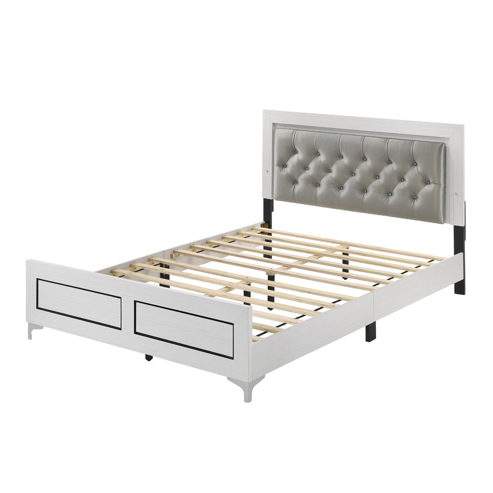 The Casilda bedroom collection will help you create the perfect retreat. In a white finish to easily style and works with various color schemes. Tying each piece together are the metal legs. The bed boasts a PU padded headboard with button tufting in a gr