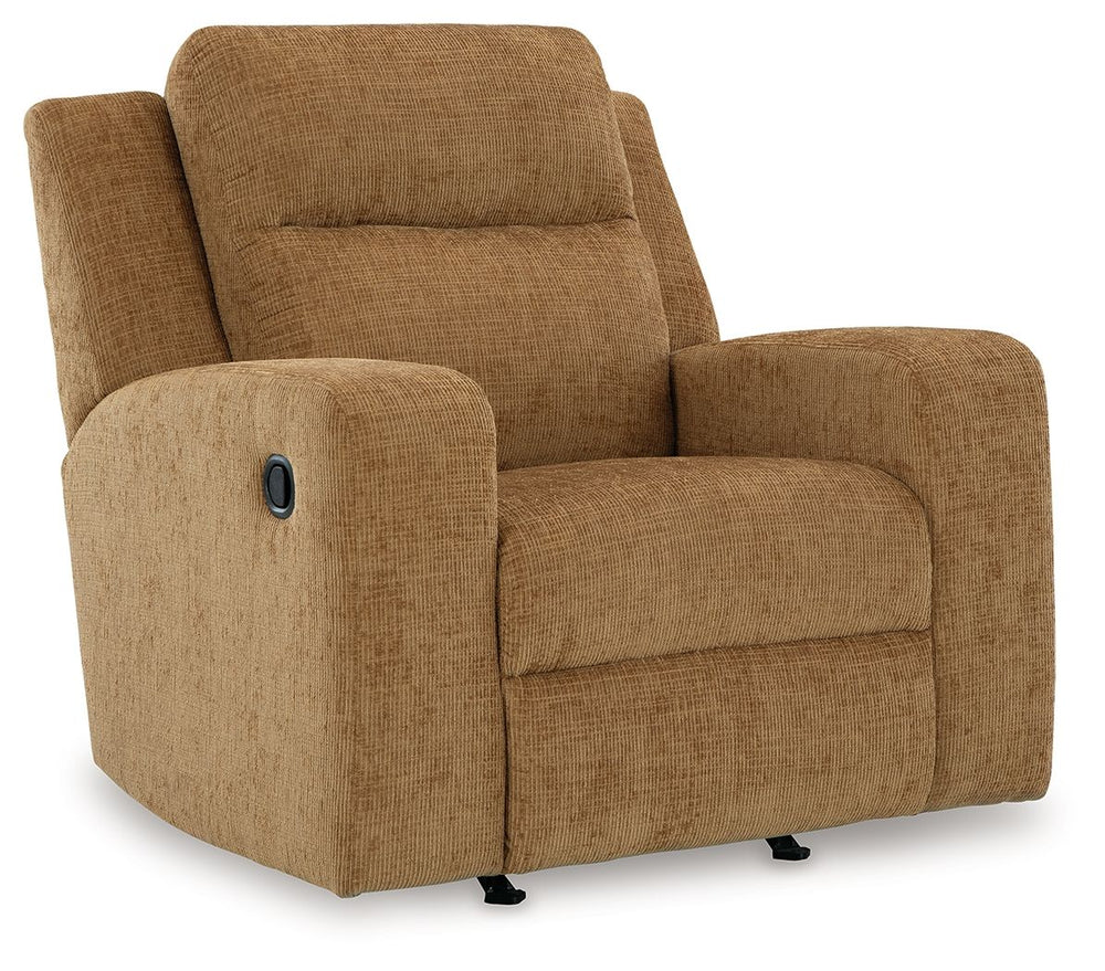 Indulgent comfort meets fashion-forward flair in this rocker recliner. Its luxuriously soft upholstery and captivating color show off your cozy yet smart style. Sleek track arms infuse a modern sensibility, while the gentle rocking motion makes this piece