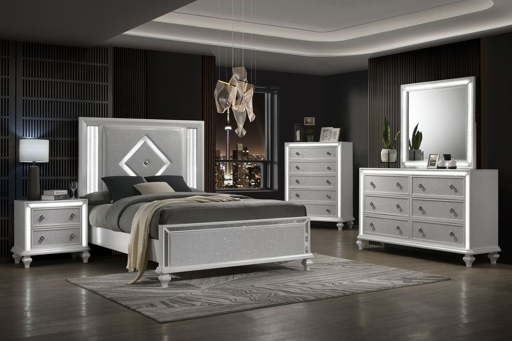 Elevate your bedroom decor to new heights with the Stardust 5 Piece Set in gleaming white, and including a Bed, Dresser, Mirror, Nightstand and Chest. Crafted with precision and durability in mind, each piece is expertly constructed from manufactured wood
