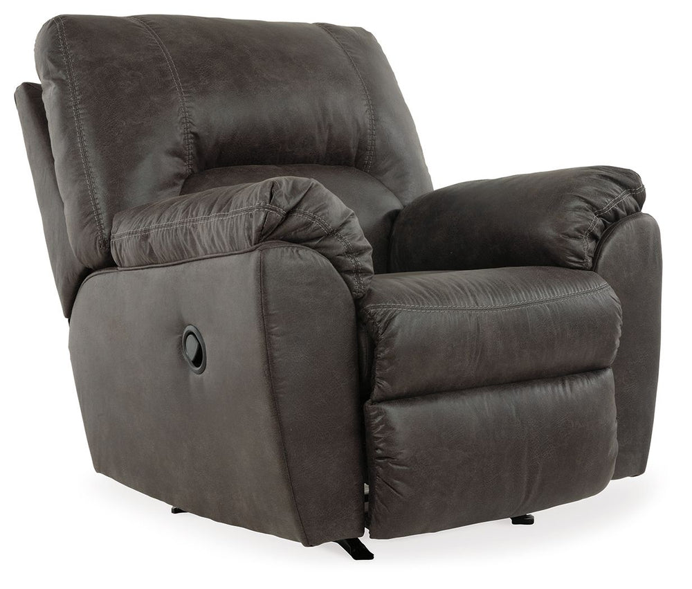 With plush cushions and angled pillow top arms, this rocker recliner takes comfort to a whole new level. Faux vintage leather requires minimal care, making this piece ideal in homes with children and pets. The seat reclines with the pull of a tab, putting