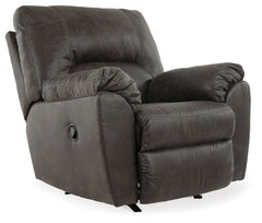 With plush cushions and angled pillow top arms, this rocker recliner takes comfort to a whole new level. Faux vintage leather requires minimal care, making this piece ideal in homes with children and pets. The seat reclines with the pull of a tab, putting