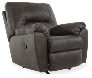 With plush cushions and angled pillow top arms, this rocker recliner takes comfort to a whole new level. Faux vintage leather requires minimal care, making this piece ideal in homes with children and pets. The seat reclines with the pull of a tab, putting