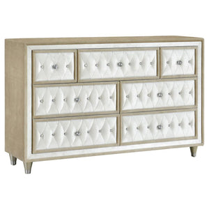 Makeover your bedroom with this upholstered dresser. Bursting with French Provincial style, it-'s the perfect blend of traditional and modern. Seven spacious dressers are equipped for storing garments and clothing. Each dresser drawer is upholstered with 