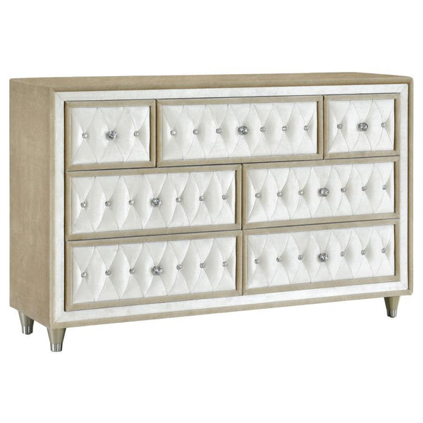 Makeover your bedroom with this upholstered dresser. Bursting with French Provincial style, it-'s the perfect blend of traditional and modern. Seven spacious dressers are equipped for storing garments and clothing. Each dresser drawer is upholstered with 