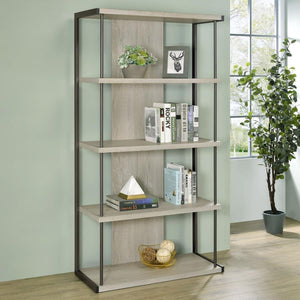  designed with an open and airy frame complete with four slim whitewashed grey shelves held in place by a contrasting grey finished frame. Two slim rods punch