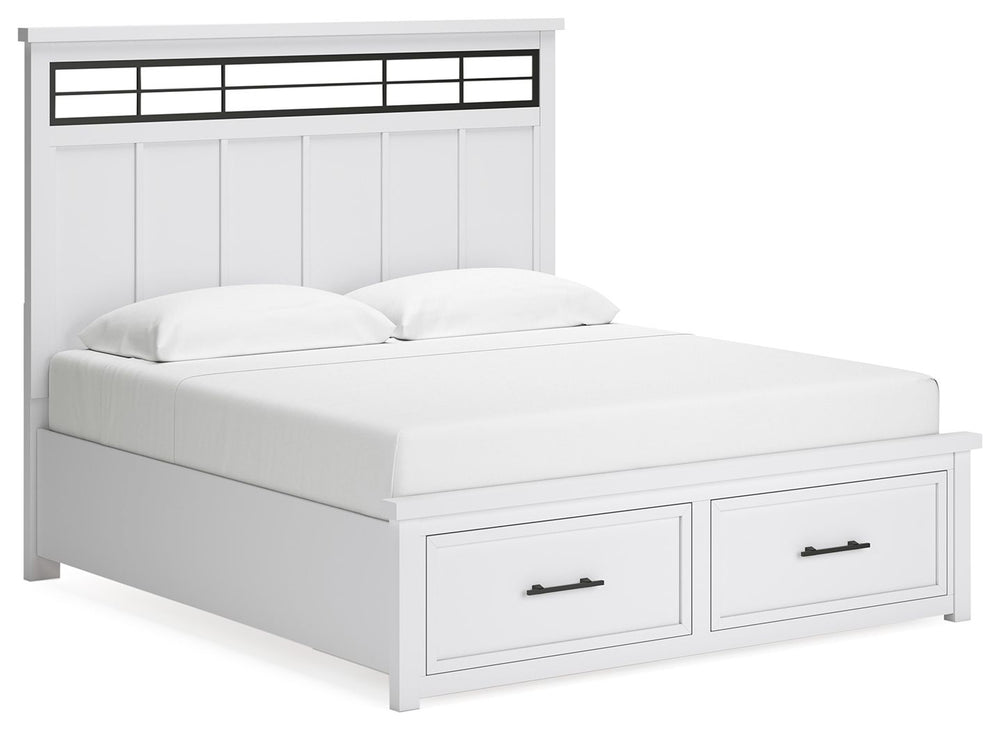 This king panel storage bed delivers casual style with substance. An inset metal detail on the headboard displays a unique take on modern farmhouse design. The bed-'s sturdy silhouette, classic white finish and black pulls exude a comfortably cozy vibe in