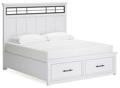 This king panel storage bed delivers casual style with substance. An inset metal detail on the headboard displays a unique take on modern farmhouse design. The bed-'s sturdy silhouette, classic white finish and black pulls exude a comfortably cozy vibe in