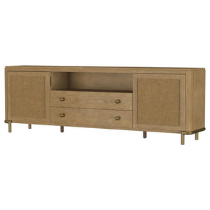  and rattan. A modern neutral finish and aged brass legs exude ti