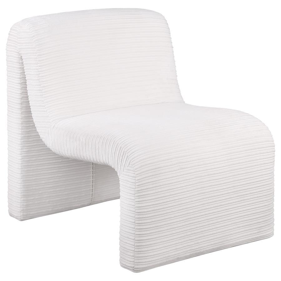 Introduce a sculptural component to your compelling seating group with this modern accent chair. It-'s an armless profile with a sinuous curvature that brings alluring elegance in any setting. Neutral upholstery has a ribbed look, creating impeccable text
