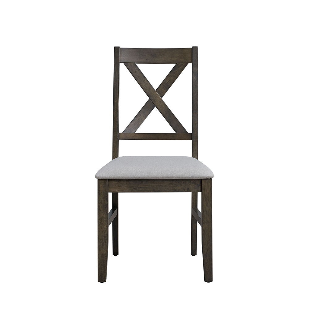 This Marit dining set features a stylish gray finish and an eye-catching -"X-" shape leg design, offering both elegance and stability. The accompanying chairs and bench come with padded seat cushions, providing comfort for extended gatherings. Perfect for