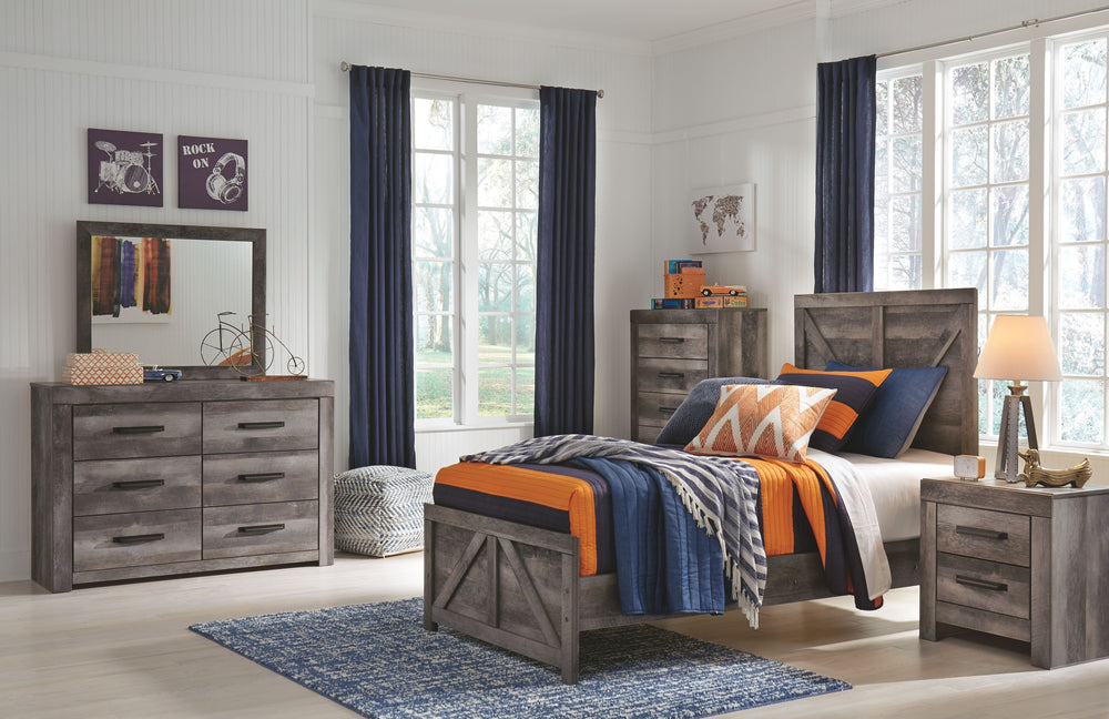 This twin panel bed is sure to win your heart with its daring, designer take on modern rustic. The bedâ€™s crisp, clean and minimalist-chic profile is enriched with a striking replicated oak grain with thick plank styling and a weathered gray finish for t