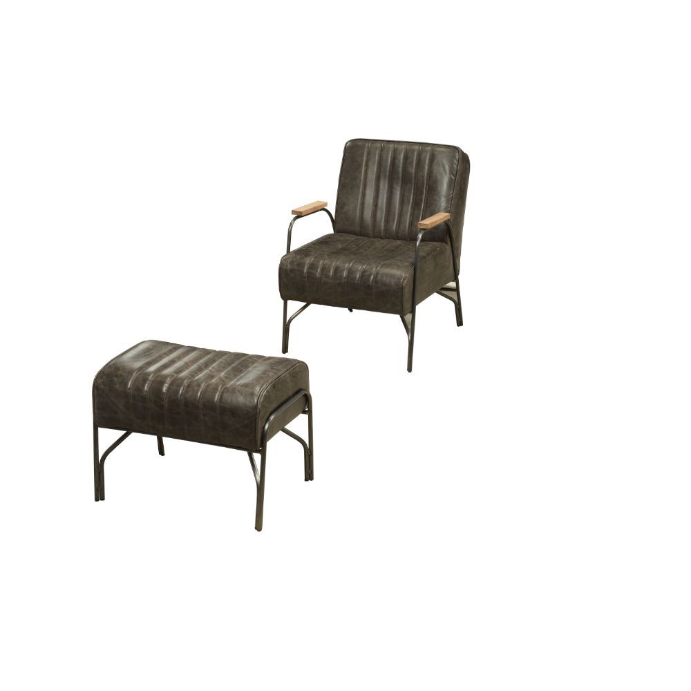 The Sarahi accent chair with ottoman sets you up for a relaxing evening. Constructed with full foam cushions upholstered in top grain leather in a distressed espresso finish, the Sarahi is supported by airy metal curved armrests and legs. Vertical stitchi