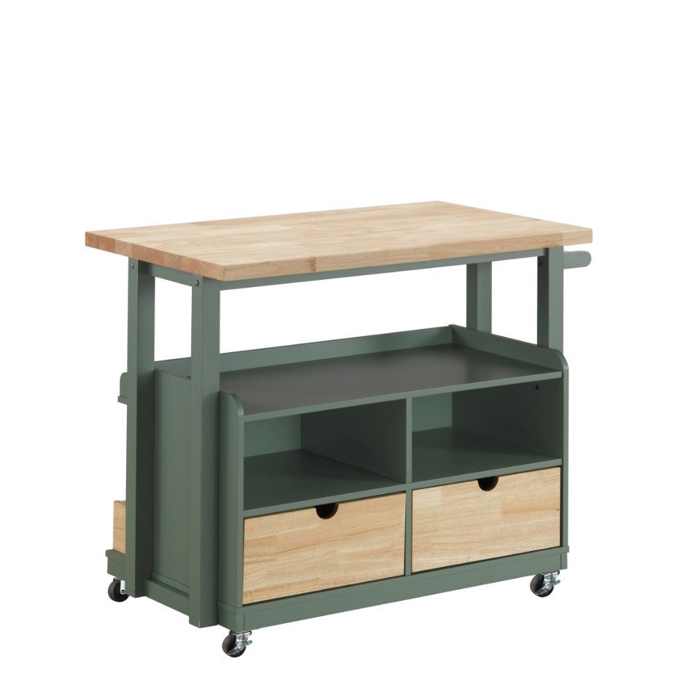 Add storage space and charm to your kitchen with this Harper wheeled kitchen island. The stylish green finish and natural wood top make this cart an adorable addition to cottage, contemporary or beach decor schemes. This modern kitchen island cart feature