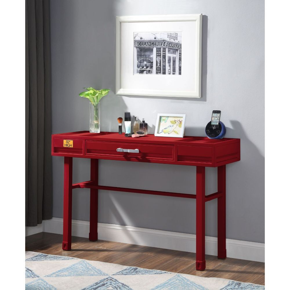 KD, Rectangular Vanity Desk Storage: 1 Drawer Feature: Metal Frame, Recessed Panels (Cargo Container Panels) CONSTRUCTION Metal Top: Iron Plate (40 x 40mm), Drawer w/Wood Metal Straight Legs Drawer: GLIDE Side Metal (Ball Bearing, 3/4 Ext.), DOVETAIL NOT 