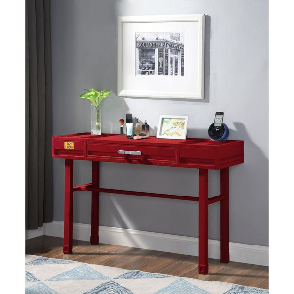 KD, Rectangular Vanity Desk Storage: 1 Drawer Feature: Metal Frame, Recessed Panels (Cargo Container Panels) CONSTRUCTION Metal Top: Iron Plate (40 x 40mm), Drawer w/Wood Metal Straight Legs Drawer: GLIDE Side Metal (Ball Bearing, 3/4 Ext.), DOVETAIL NOT 