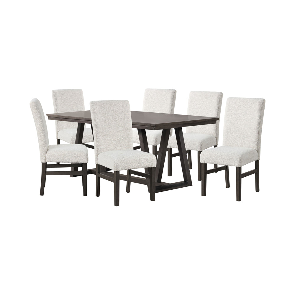 The High Line 7 Piece Dining Set is designed to enhance your dining space with its blend of durability, style, and comfort. This set includes a trestle dining table and six white upholstered side chairs, expertly crafted from solid Acacia and Rubberwood, 