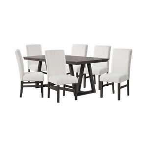 The High Line 7 Piece Dining Set is designed to enhance your dining space with its blend of durability, style, and comfort. This set includes a trestle dining table and six white upholstered side chairs, expertly crafted from solid Acacia and Rubberwood, 