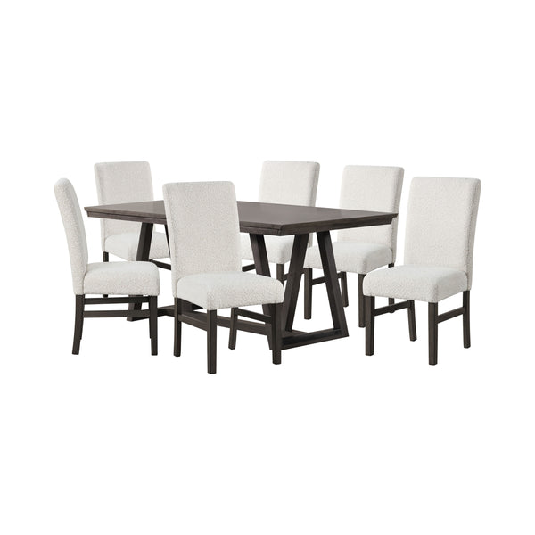 The High Line 7 Piece Dining Set is designed to enhance your dining space with its blend of durability, style, and comfort. This set includes a trestle dining table and six white upholstered side chairs, expertly crafted from solid Acacia and Rubberwood, 