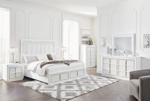 Chalanna - 5 Pc. - Dresser, Mirror, King Upholstered Storage Bed - White