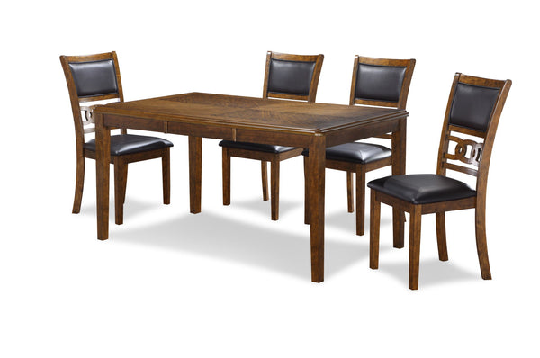 The New Classic Gia 5-Piece Wood Rectangle Dining Set is crafted from solid Rubberwood and Mindi veneers for a perfect blend of durability and aesthetic appeal. The warm brown finish, achieved through a meticulous multistep process and clear coat, accentu