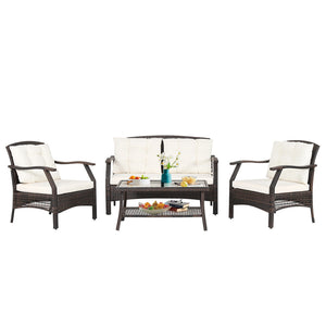 Are you looking for a comfortable sofa set for your outdoor leisure time? If so  this 4-piece patio furniture set will be a perfect choice for you. Â  High-quality PE rattan and sturdy steel frame feature outstanding sturdiness and durability  which can s