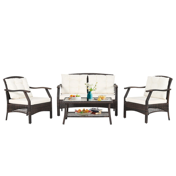Are you looking for a comfortable sofa set for your outdoor leisure time? If so  this 4-piece patio furniture set will be a perfect choice for you. Â  High-quality PE rattan and sturdy steel frame feature outstanding sturdiness and durability  which can s