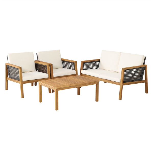Come with 2 packages  may arrive separately <br>High quality acacia wood for steady performance and rustic touch <br>Withstand weather variations thanks to its all-weather mix of brown PE rattan <br>Bring a soft sitting experience with breathable and thic