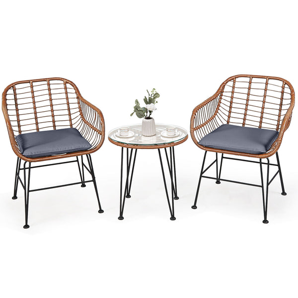 High-quality rattan is durable enough to stand the test of time <br>Including 2 armchairs  1 side table and 2 seat cushions <br>The footpads under the table and chair can prevent scratches <br>The stable construction and iron legs provide strong stability