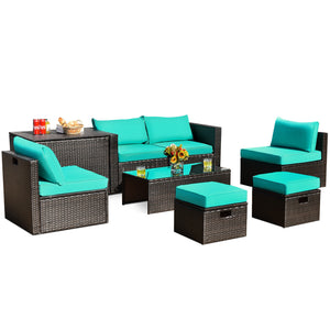 8-piece seat for more creative combinations Fetch different belongings with ease because of the practical coffee table Sturdier and safer to use with high quality tempered glass tabletop Soft and thick cushions for ultimate coziness Hold the ottomans' cus