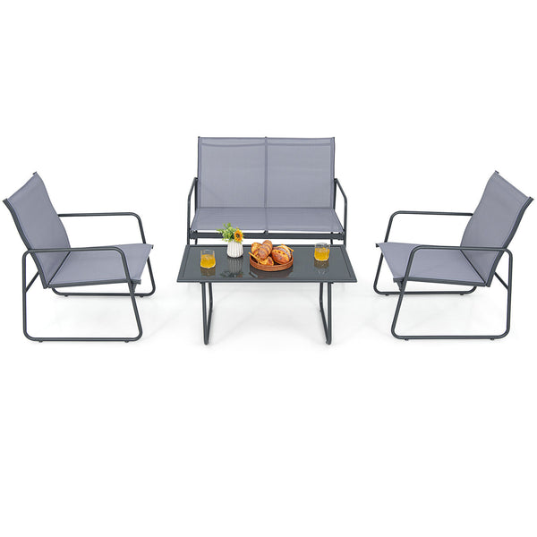 Injects a charming flair into your outdoor space with this 4-piece patio furniture set! Â  The loveseat and 2 chairs are ideal for chatting with family as well as entertaining your friends. The comfortable backrest  cozy armrests and breathable fabric mak