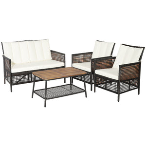 Spend time outdoors with this comfortable 4-piece patio furniture set! Â  Featuring ergonomic armrests  softly padded back and seat cushions  this outdoor conversation set brings extraordinary comfort so that you can use this cozy patio set to entertain y