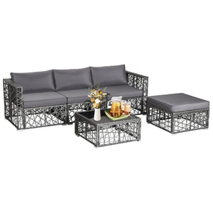 Enjoy the sunshine outdoors with this 5-piece patio furniture set! Â  Based on your selected place  you can customize this outdoor conversation set into a suitable shape. After that  the soft padded cushions are ready for you to sit on  providing you with