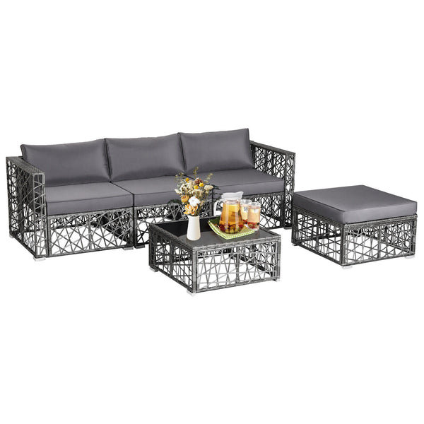 Enjoy the sunshine outdoors with this 5-piece patio furniture set! Â  Based on your selected place  you can customize this outdoor conversation set into a suitable shape. After that  the soft padded cushions are ready for you to sit on  providing you with