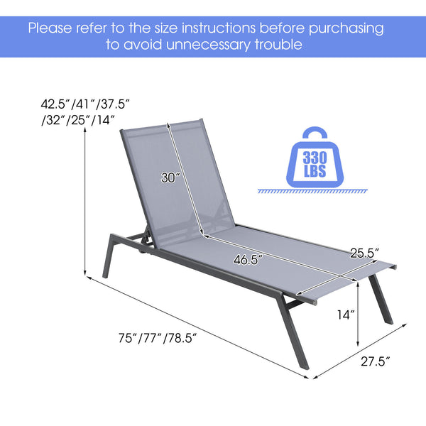 Adjust the backrest to 6 different angles for different needs<br>Lay flat position is perfect for full body sunbathing<br>Sturdy steel frame for 150 kg strong loading capacity<br>Non-slip foot pads for floor protection and extra stability<br>Selected fabr
