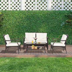 Are you looking for a comfortable sofa set for your outdoor leisure time? If so  this 4-piece patio furniture set will be a perfect choice for you. Â  High-quality PE rattan and sturdy steel frame feature outstanding sturdiness and durability  which can s