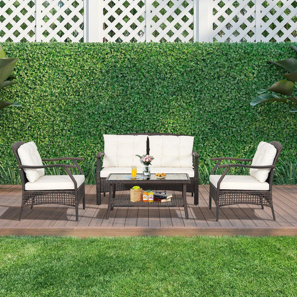 Are you looking for a comfortable sofa set for your outdoor leisure time? If so  this 4-piece patio furniture set will be a perfect choice for you. Â  High-quality PE rattan and sturdy steel frame feature outstanding sturdiness and durability  which can s