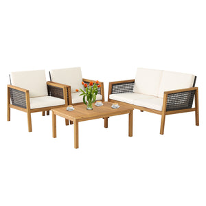 Come with 2 packages  may arrive separately <br>High quality acacia wood for steady performance and rustic touch <br>Withstand weather variations thanks to its all-weather mix of brown PE rattan <br>Bring a soft sitting experience with breathable and thic