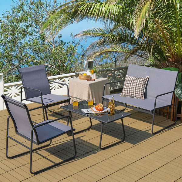 Injects a charming flair into your outdoor space with this 4-piece patio furniture set! Â  The loveseat and 2 chairs are ideal for chatting with family as well as entertaining your friends. The comfortable backrest  cozy armrests and breathable fabric mak