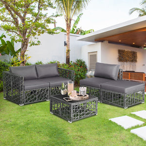 Enjoy the sunshine outdoors with this 5-piece patio furniture set! Â  Based on your selected place  you can customize this outdoor conversation set into a suitable shape. After that  the soft padded cushions are ready for you to sit on  providing you with