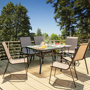 These 6 patio dining chairs will be perfect additions for outdoor places. Â  The ergonomic seat with curved armrests and cozy backrest will provides you with comfortable sitting experience. The breathable seat fabric will also keep you away from hotness i