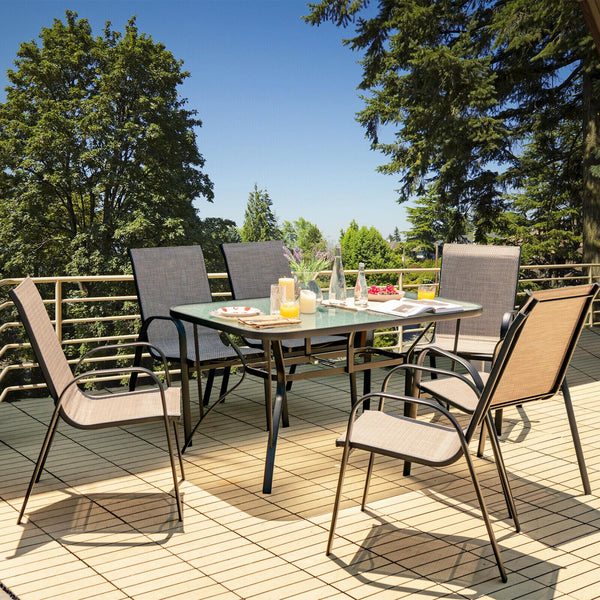 These 6 patio dining chairs will be perfect additions for outdoor places. Â  The ergonomic seat with curved armrests and cozy backrest will provides you with comfortable sitting experience. The breathable seat fabric will also keep you away from hotness i