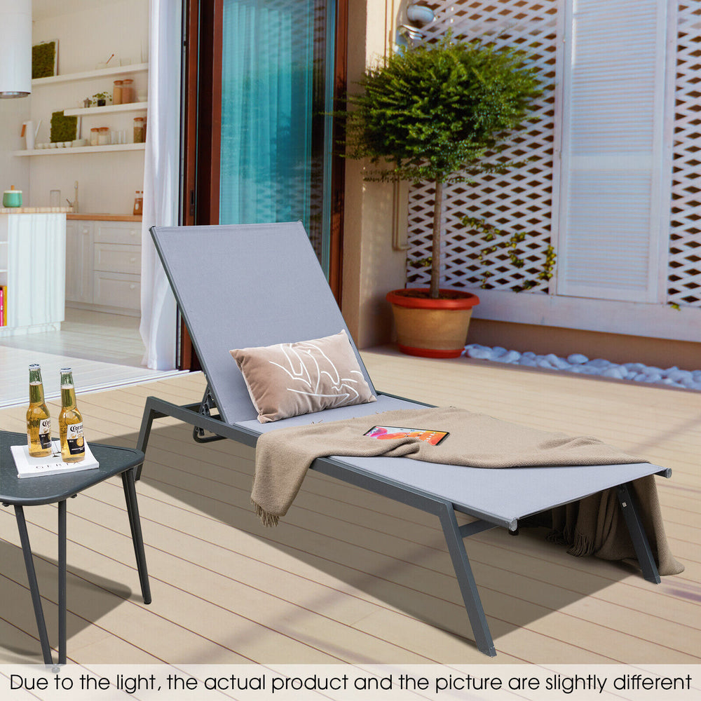 Adjust the backrest to 6 different angles for different needs<br>Lay flat position is perfect for full body sunbathing<br>Sturdy steel frame for 150 kg strong loading capacity<br>Non-slip foot pads for floor protection and extra stability<br>Selected fabr