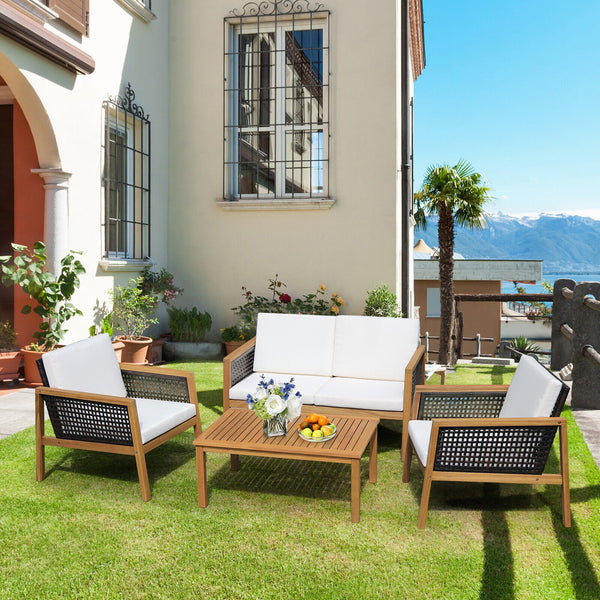 Come with 2 packages  may arrive separately <br>High quality acacia wood for steady performance and rustic touch <br>Withstand weather variations thanks to its all-weather mix of brown PE rattan <br>Bring a soft sitting experience with breathable and thic